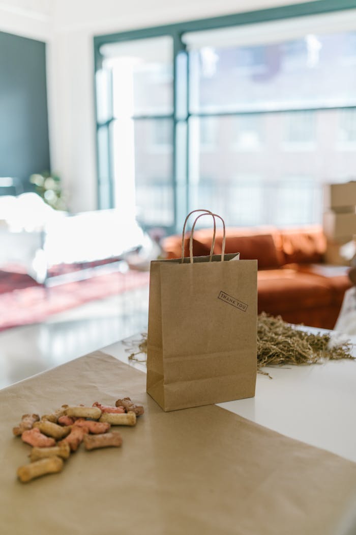 about-01 Brown paper bag with dog treats, ideal for small business showcasing eco-friendly packaging.