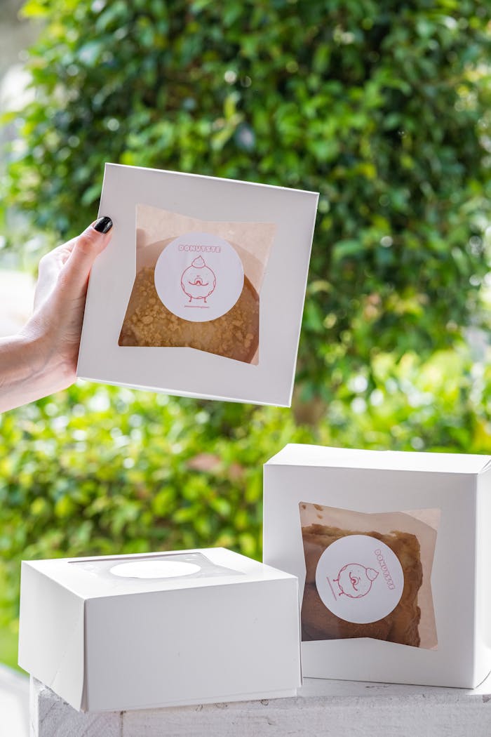 Three white bakery boxes with pastries, one held by a hand, outdoors.