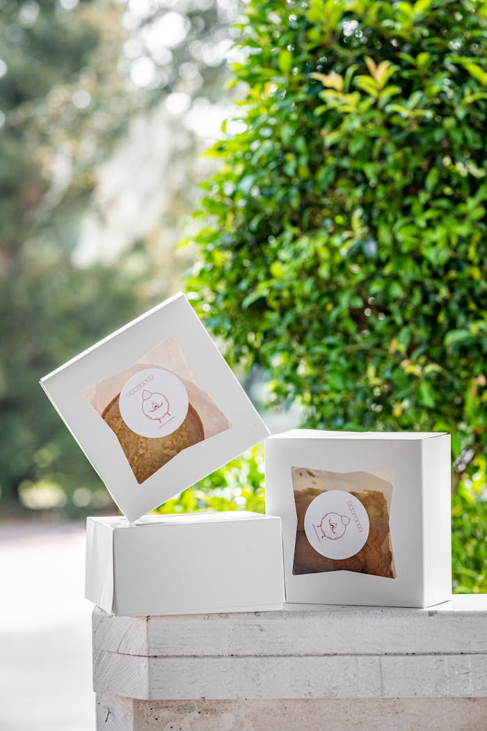 Three white boxes with donuts, displayed outdoors on a stone ledge.